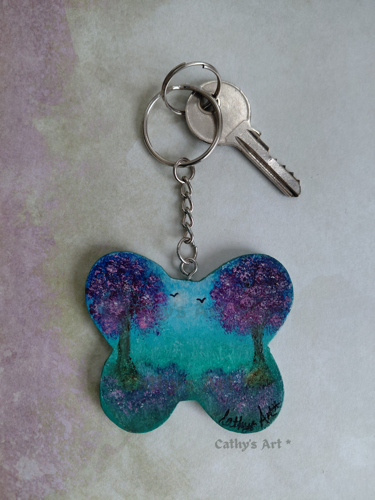 Blossom Trees Original Hand Painted Butterfly Keyring