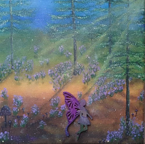 An original canvas whimsical painting, featuring a forest scene where bluebells grow with trees, a purple fairy walks along the pathway. In colours of blue, greens, browns, purple and lilac. Original acrylic canvas painting by Cathy's Art
