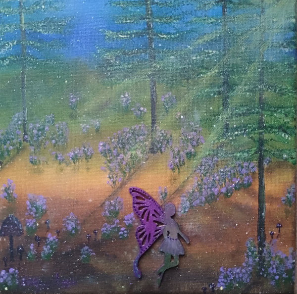 An original canvas whimsical painting, featuring a forest scene where bluebells grow with trees, a purple fairy walks along the pathway. In colours of blue, greens, browns, purple and lilac. Original acrylic canvas painting by Cathy's Art