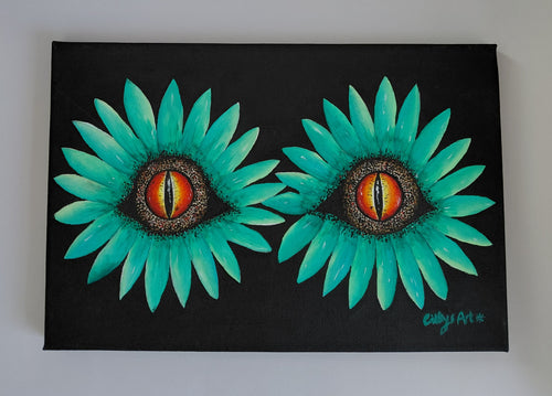 A black canvas painting featuring two large green flower-like forms with dragons-eye centres. The artist signature 'Cathy's Art*' is visible in the bottom right corner. Original acrylic canvas painting by Cathy's Art*