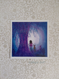 A square art print featuring a whimsical painting of a girl standing on a path under a large glowing purple tree next to a small dog. Artwork by Cathy's Art*