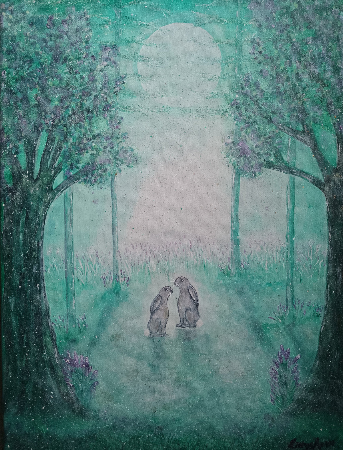 Dreamy Forest original whimsical acrylic painting featuring the moon, two trees and two hares. in turquoise green and purple colours. By Cathy's Art*