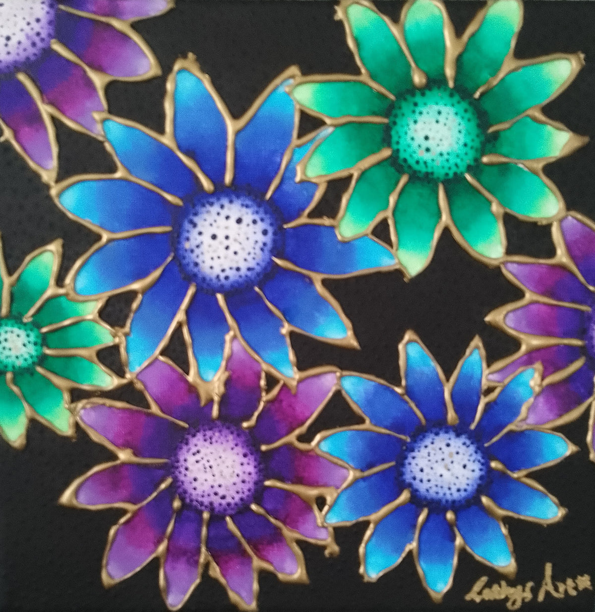 A close-up of a floral artwork featuring large daisy-like blossoms in blue, green, and purple with gold outlines on a black background. A signature reading 'Cathy's Art*' is visible in the lower right corner. Original acrylic canvas sculpture painting by Cathy's Art*