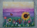 Flowers of my dreams, original acrylic painting of a wild flower meadow with a yellow, violet, purple skyline with wooden bee, butterfly and three of the flowers, by Cathy's Art*