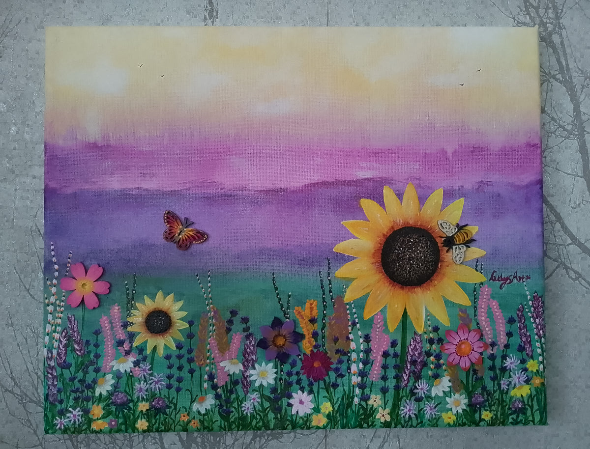 Flowers of my dreams, original acrylic painting of a wild flower meadow with a yellow, violet, purple skyline with wooden bee, butterfly and three of the flowers, by Cathy's Art*