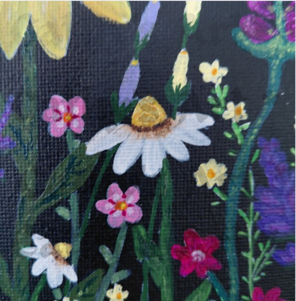 A close-up of a floral painting featuring  white daisies, pink flowers, yellow flowers, purple blossoms, and green stems on a dark background. Original acrylic painting by Cathy's Art*