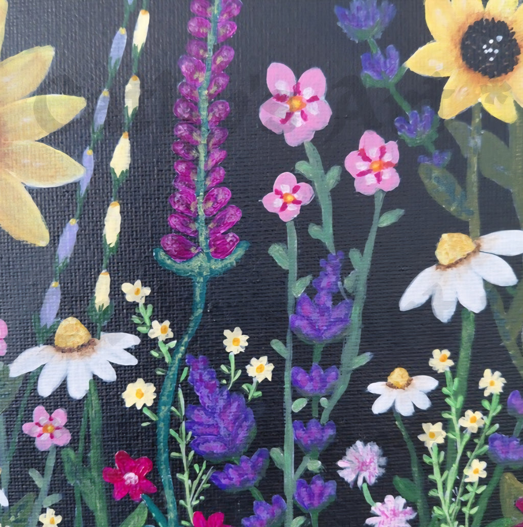 A close-up of a floral painting featuring painted wildflowers including pink, purple, yellow, and white blossoms on a black background. Original acrylic painting by Cathy's Art*