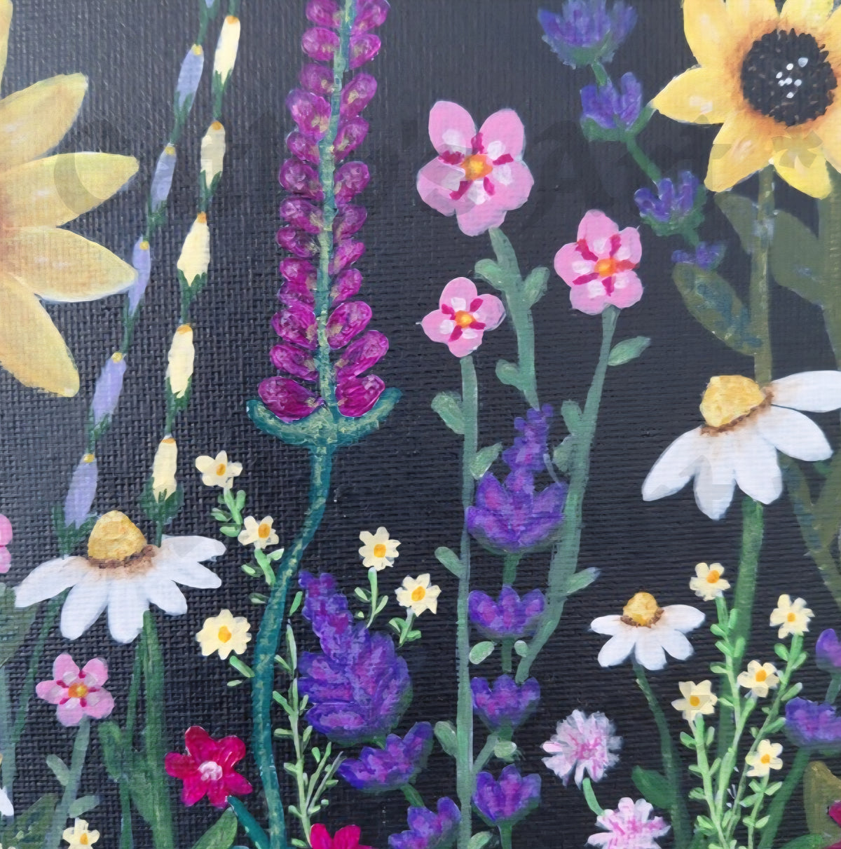 A close-up of a floral painting featuring painted wildflowers including pink, purple, yellow, and white blossoms on a black background. Original acrylic painting by Cathy's Art*