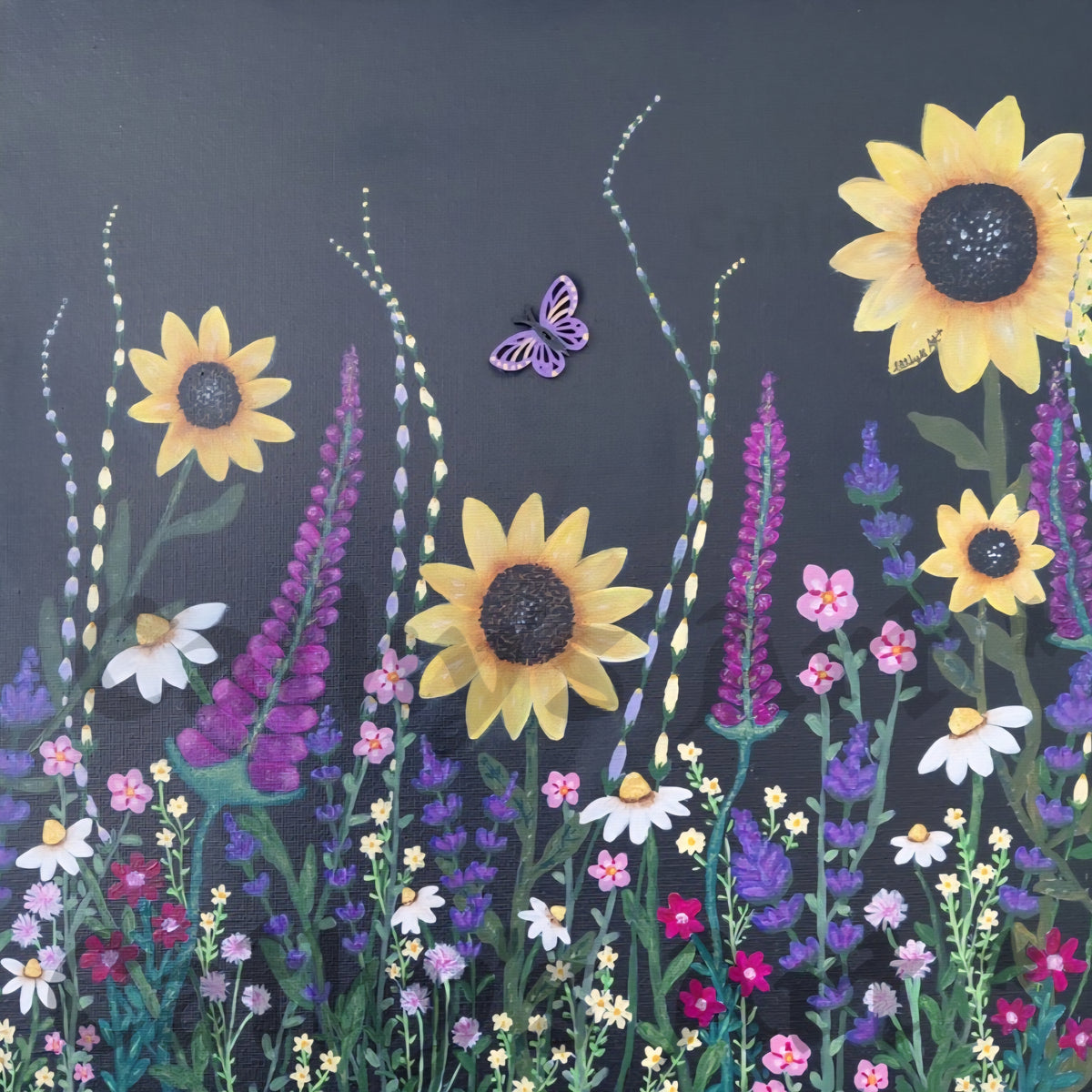 A colourful floral painting featuring sunflowers, lavender, daisies, various other flowers  and a wooden hand painted butterfly on a black background. Original acrylic painting by Cathy's Art*