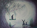 Hypnosis of the hare, original acrylic painting, three hares are transfixed by the moon, one on a swing in the tree. Also featuring mushrooms and flowering grasses. Purple, white and turquoise colours. By Cathy's Art*