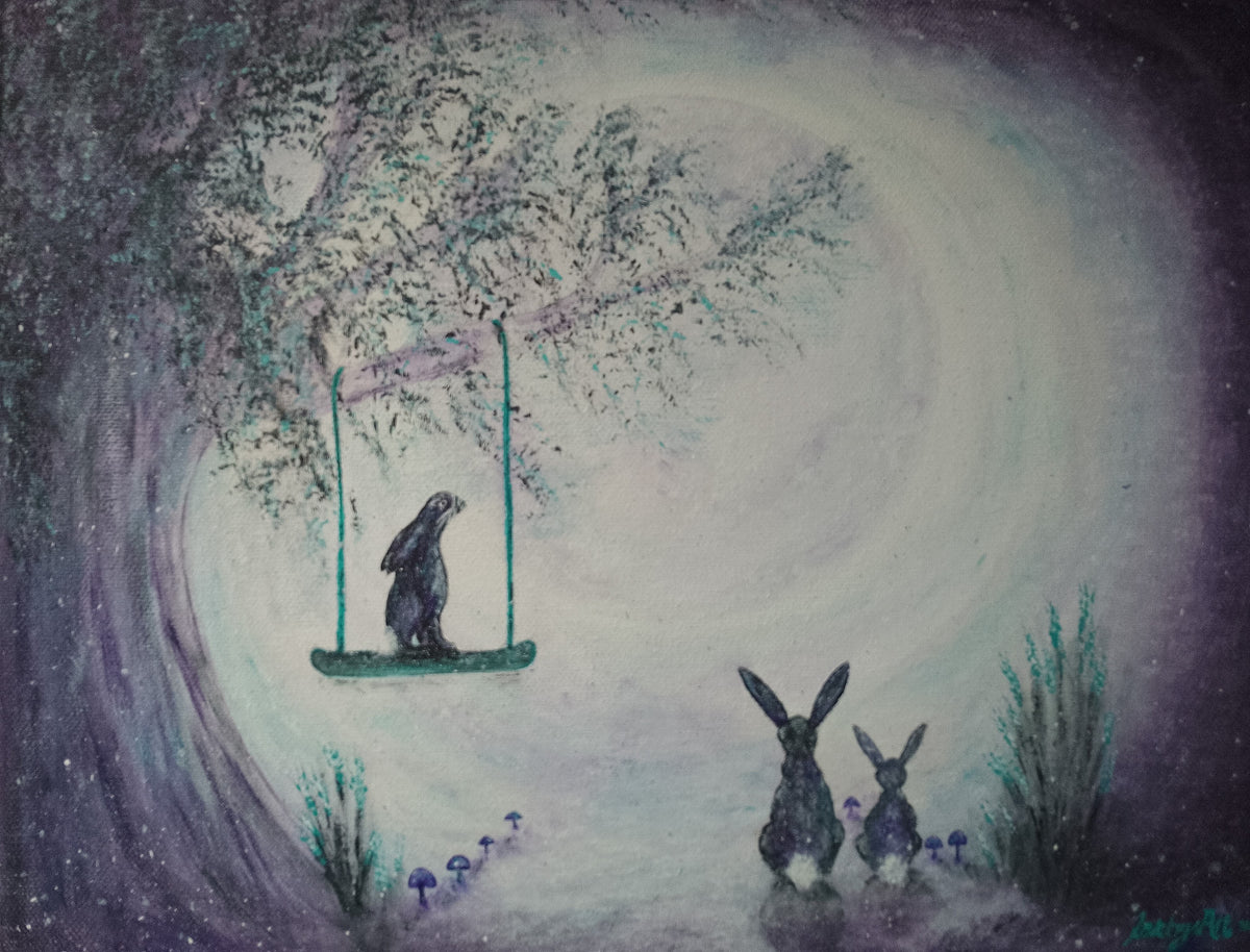Hypnosis of the hare, original acrylic painting, three hares are transfixed by the moon, one on a swing in the tree. Also featuring mushrooms and flowering grasses. Purple, white and turquoise colours. By Cathy's Art*