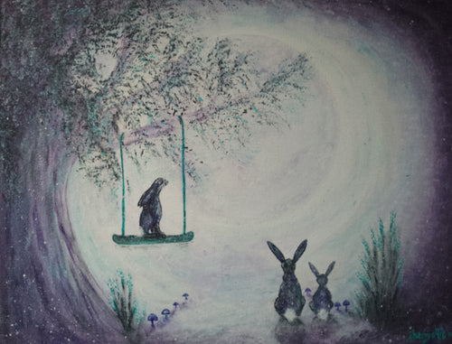 Hypnosis of the hare, original acrylic painting, three hares are transfixed by the moon, one on a swing in the tree. Also featuring mushrooms and flowering grasses. Purple, white and turquoise colours. By Cathy's Art*