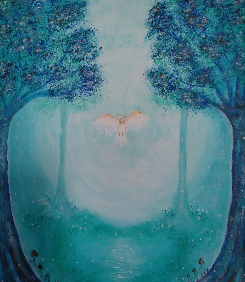 An original acrylic painting of a mystical forest scene, featuring two large trees with blue and turquoise foliage framing a glowing turquoise backdrop with a white flying owl.  Original acrylic canvas painting by Cathy's Art*