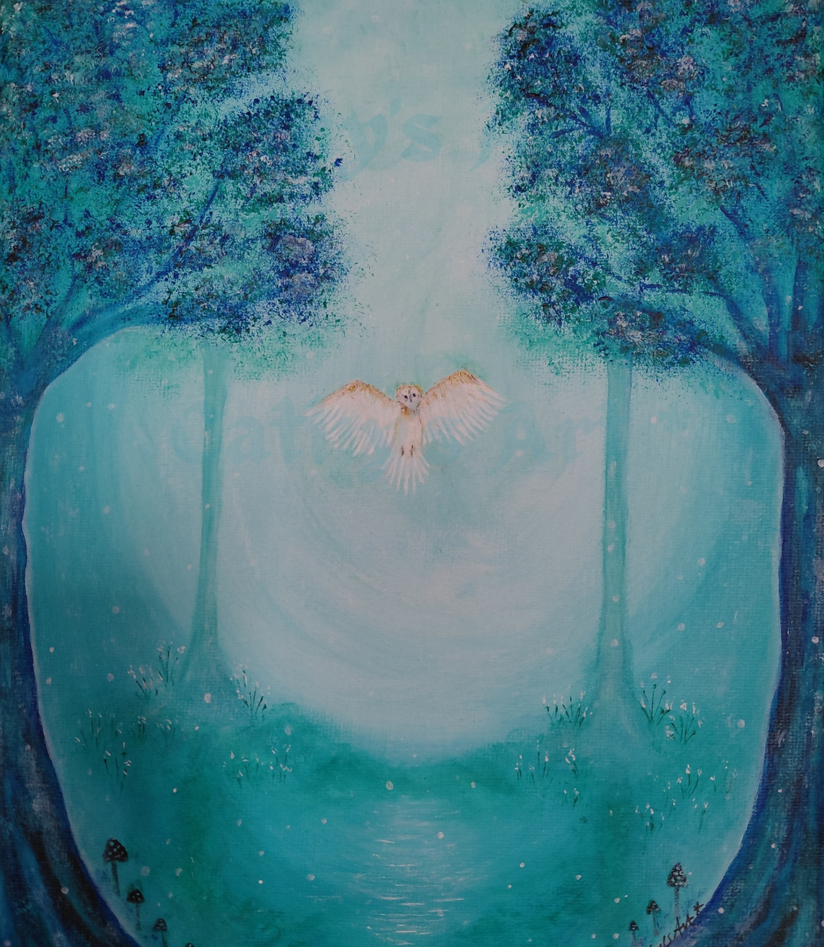 An original acrylic painting of a mystical forest scene, featuring two large trees with blue and turquoise foliage framing a glowing turquoise backdrop with a white flying owl.  Original acrylic canvas painting by Cathy's Art*