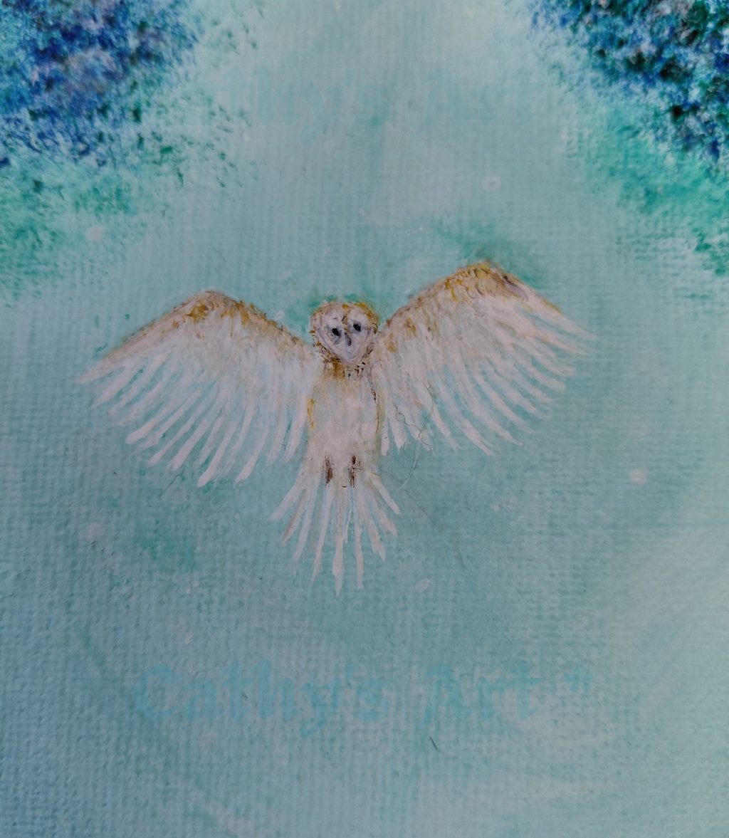 A painting of an white and brown owl with wide-spread wings, almost angelic in presence, watching. The background is pale turquoise and white colours with blue tree foliage in both the top corners. Original acrylic canvas painting by Cathy's Art*