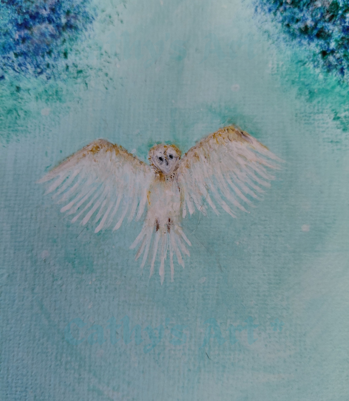 A painting of an white and brown owl with wide-spread wings, almost angelic in presence, watching. The background is pale turquoise and white colours with blue tree foliage in both the top corners. Original acrylic canvas painting by Cathy's Art*
