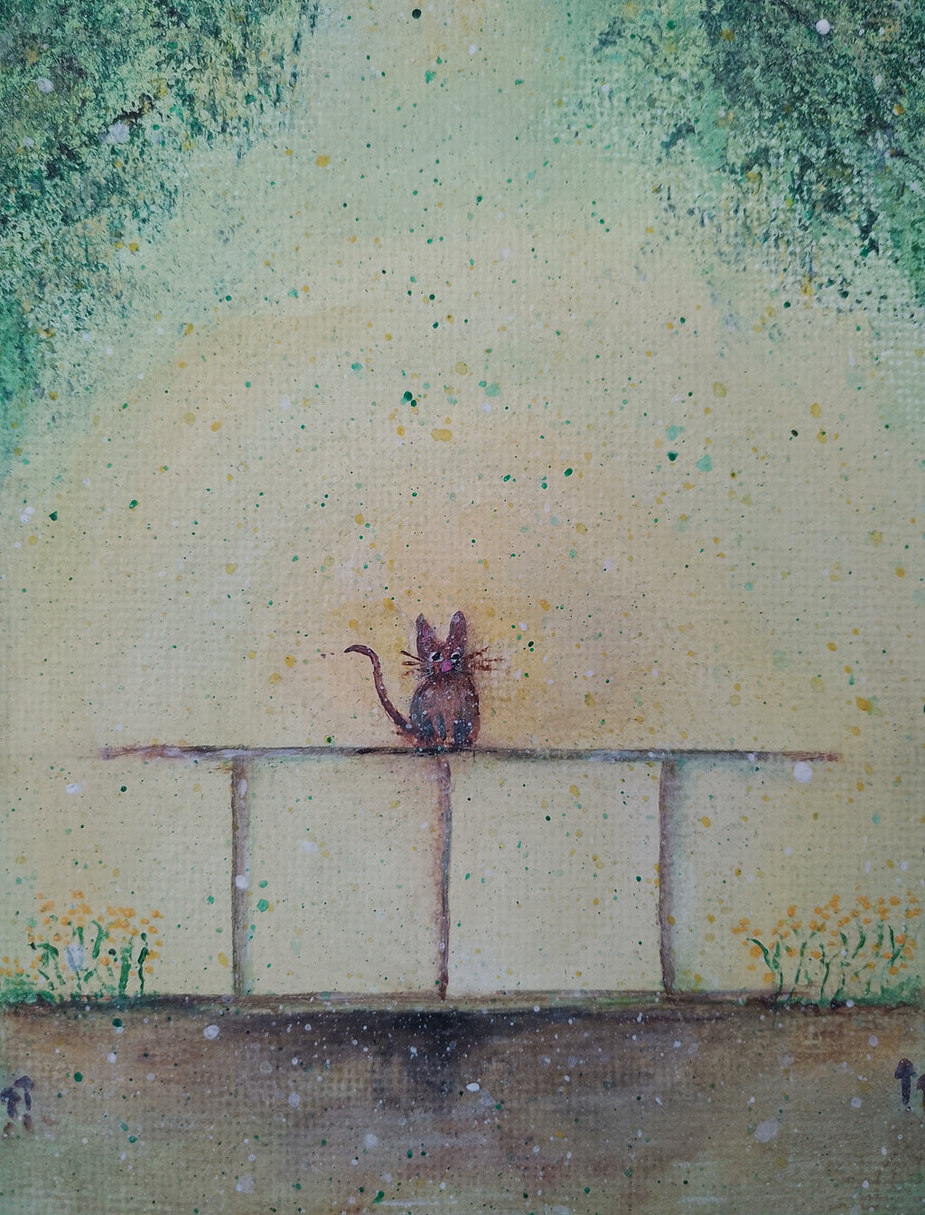 A textured painting of a small dark cat sitting on a fence under a pale yellow-green sky with green foliage at the top and small yellow flowers near the bottom. Original acrylic canvas painting by Cathy's art*