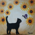 A square canvas painting featuring a black cat silhouette facing a purple butterfly, set against a background of yellow sunflowers on a cream gold textured canvas. Signed 'Cathy's Art*' in the bottom right corner. Original acrylic painting by Cathy's Art*
