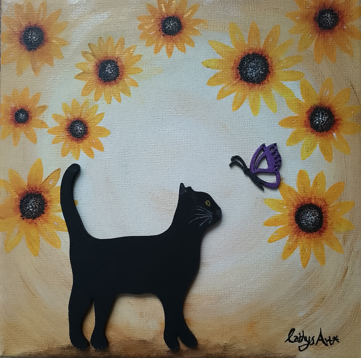 A square canvas painting featuring a black cat silhouette facing a purple butterfly, set against a background of yellow sunflowers on a cream gold textured canvas. Signed 'Cathy's Art*' in the bottom right corner. Original acrylic painting by Cathy's Art*