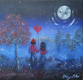 An acrylic painting of a romantic night scene featuring two people holding a red heart-shaped balloon, set against a starry sky with a full moon, and a red tree. Original acrylic painting by Cathy's Art