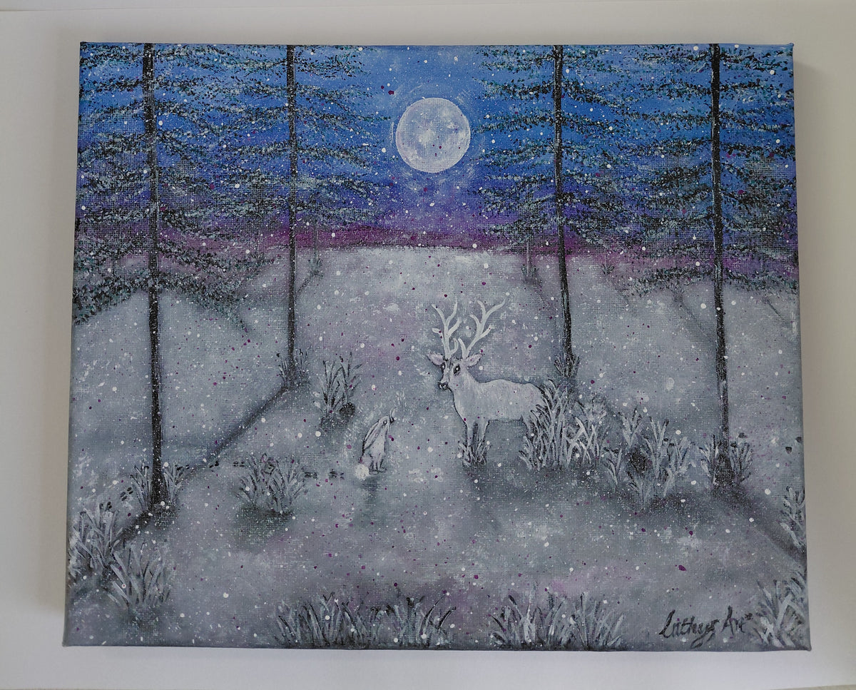 A canvas painting depicting a snowy winter night landscape with a full moon, tall dark trees, a white stag and a white rabbit standing in the snow. The artwork is in colours of blue, purple, white, and black tones, and is on a plain white background. Original acrylic canvas painting by Cathy's Art*