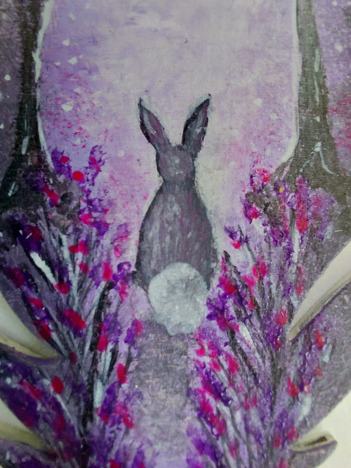 A textured painting of a rabbit sitting in a field of purple flowers under a lavender sky. Original acrylic painting by Cathy's Art*