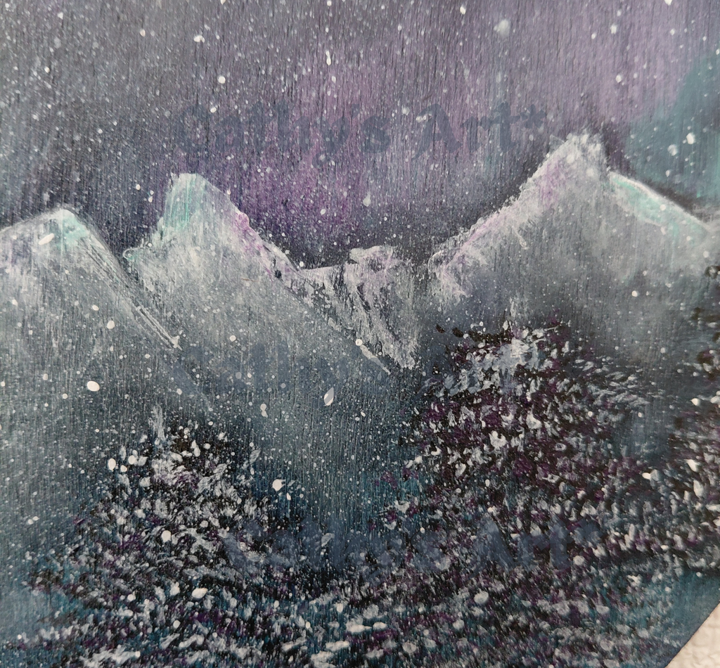 A close up of grey snow capped mountains and dark fir trees winter scene. original acrylic painting by Cathy's Art*