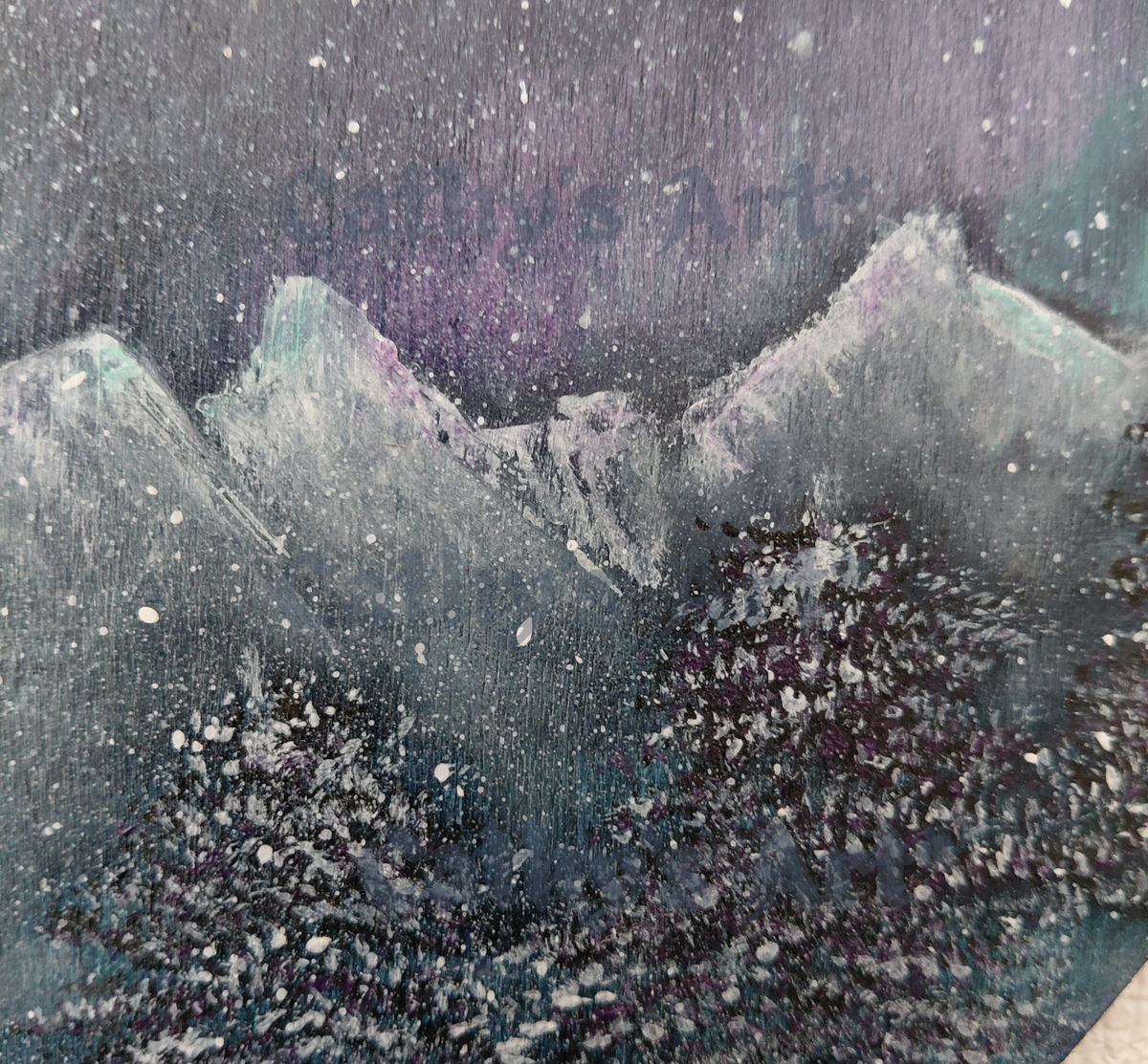A close up of grey snow capped mountains and dark fir trees winter scene. original acrylic painting by Cathy's Art*