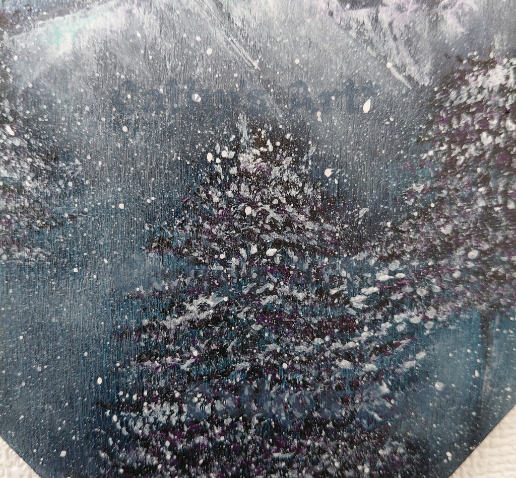 A close up of a snowy scene with fir trees, on a dark misty background. Original acrylic painting by Cathy's Art*