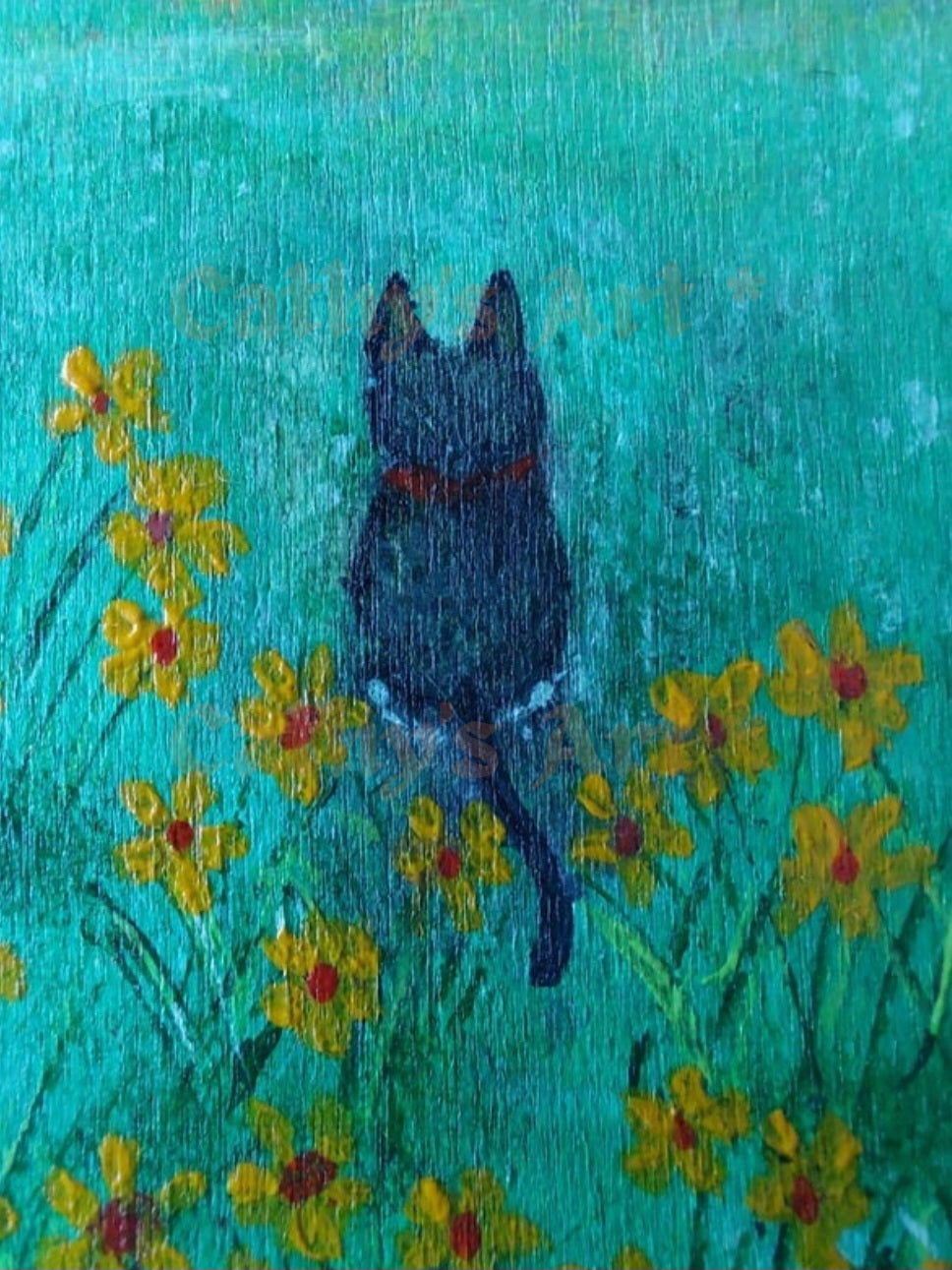 Close up painting of a black cat with a red collar on, sat on grass amongst yellow flowers. Original acrylic painting on wooden plaque by Cathy's Art*