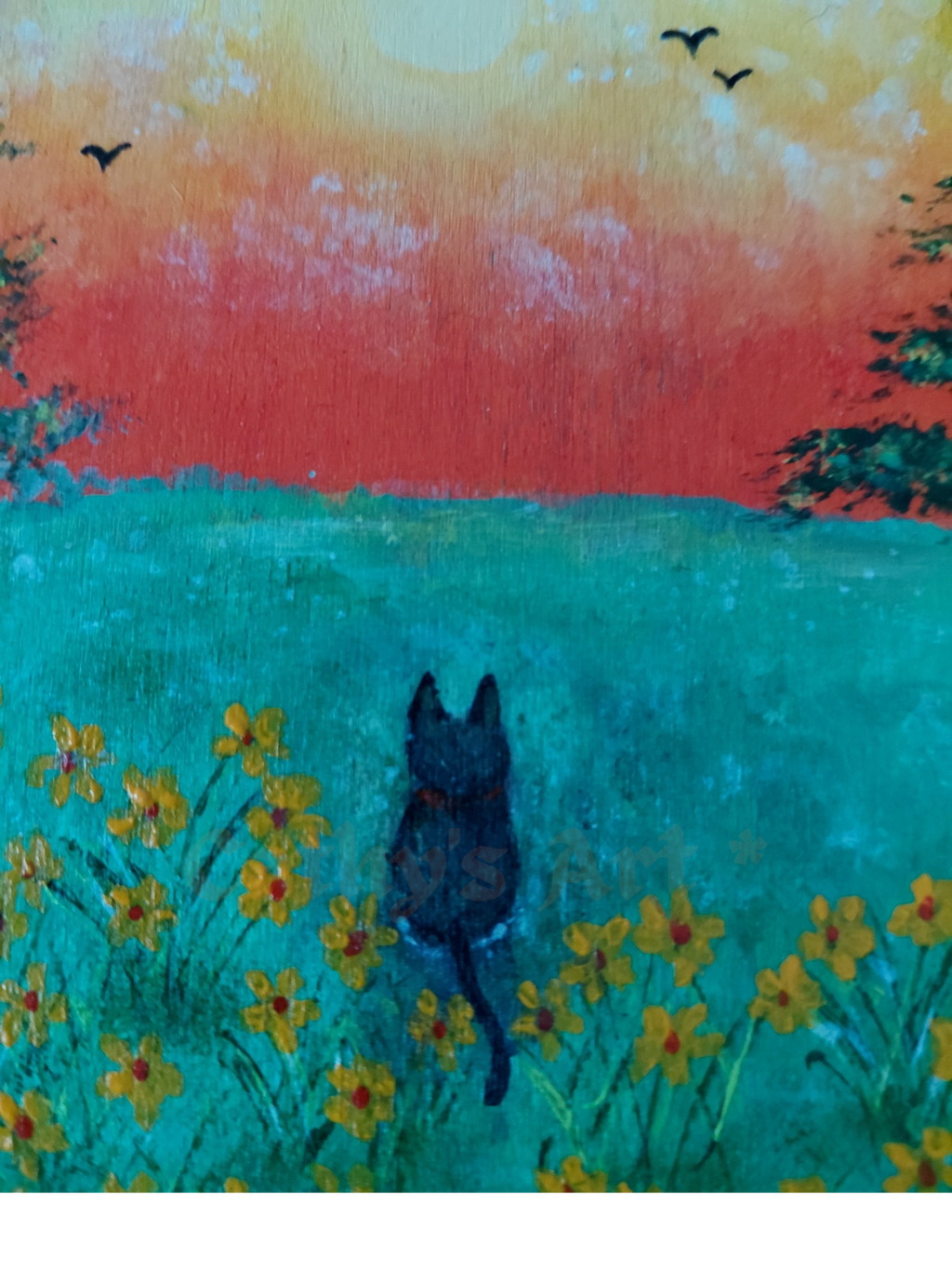 Close of painting of a black cat looking at a sunset sky, where birds fly, the cat is surrounded by yellow flowers. Original acrylic painting on a wooden plaque by Cathy's art*