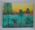 A painted forest scene at sunset with tall green trees, a yellow-orange sky, distant mountains, and a field of white flowers. Two foxes are visible in the meadow, one standing and one lying down. On a plain white background. An original canvas painting by Cathy's Art*