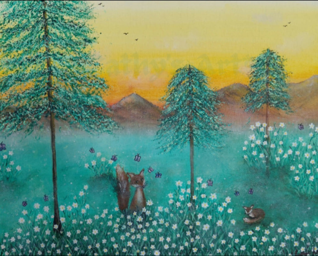 A painted forest scene at sunset with tall green trees, a yellow-orange sky, distant mountains, and a field of white flowers. Two foxes are visible in the meadow, one standing and one lying down. An original canvas painting by Cathy's Art*