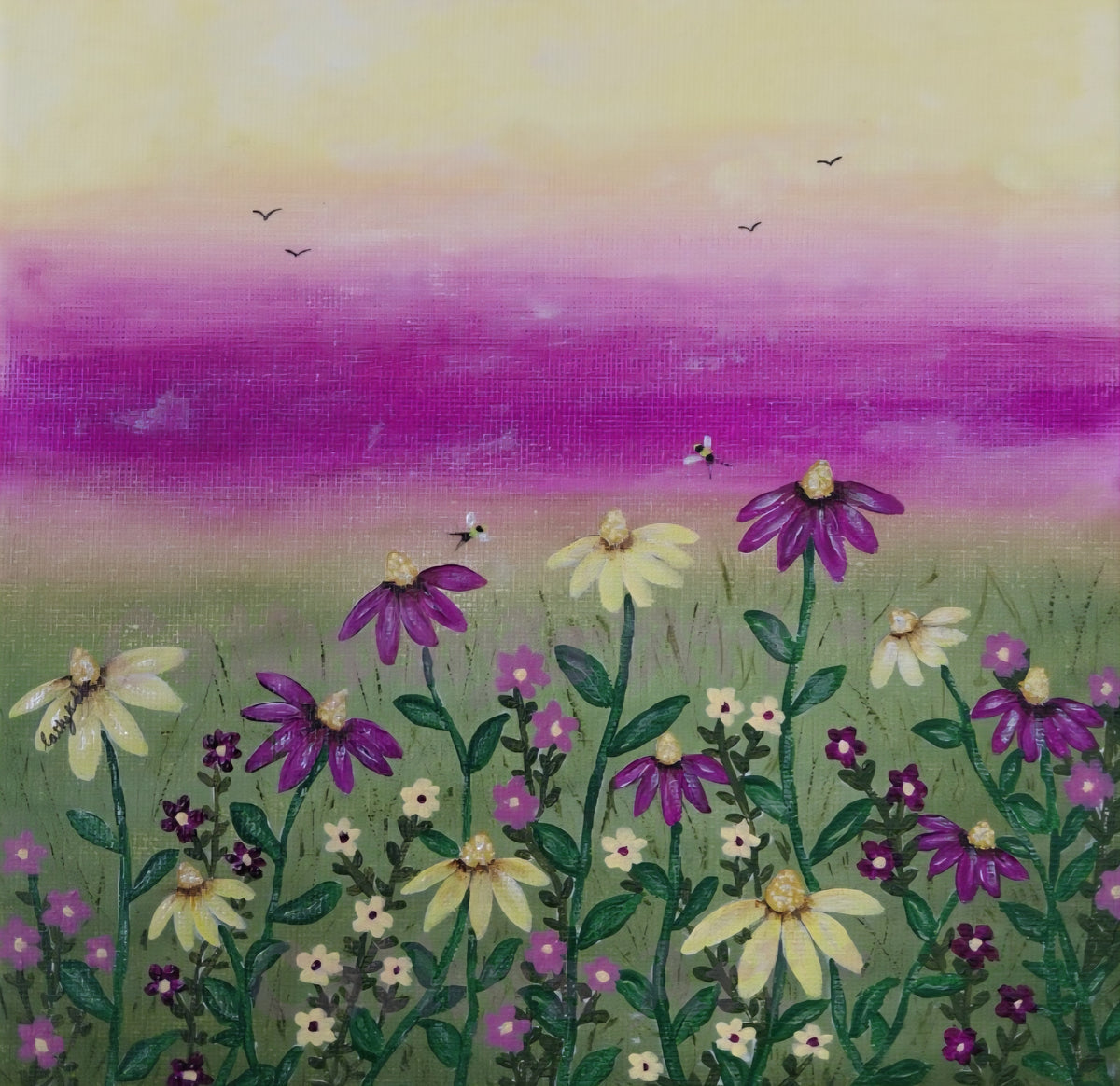 A square canvas painting of a wildflower  meadow, featuring purple and yellow daises on green stems against a pastel sky with pink, purple, and yellow gradients. Birds fly in the distance and bees dance above the flowers. Original acrylic canvas painting by Cathy's Art*