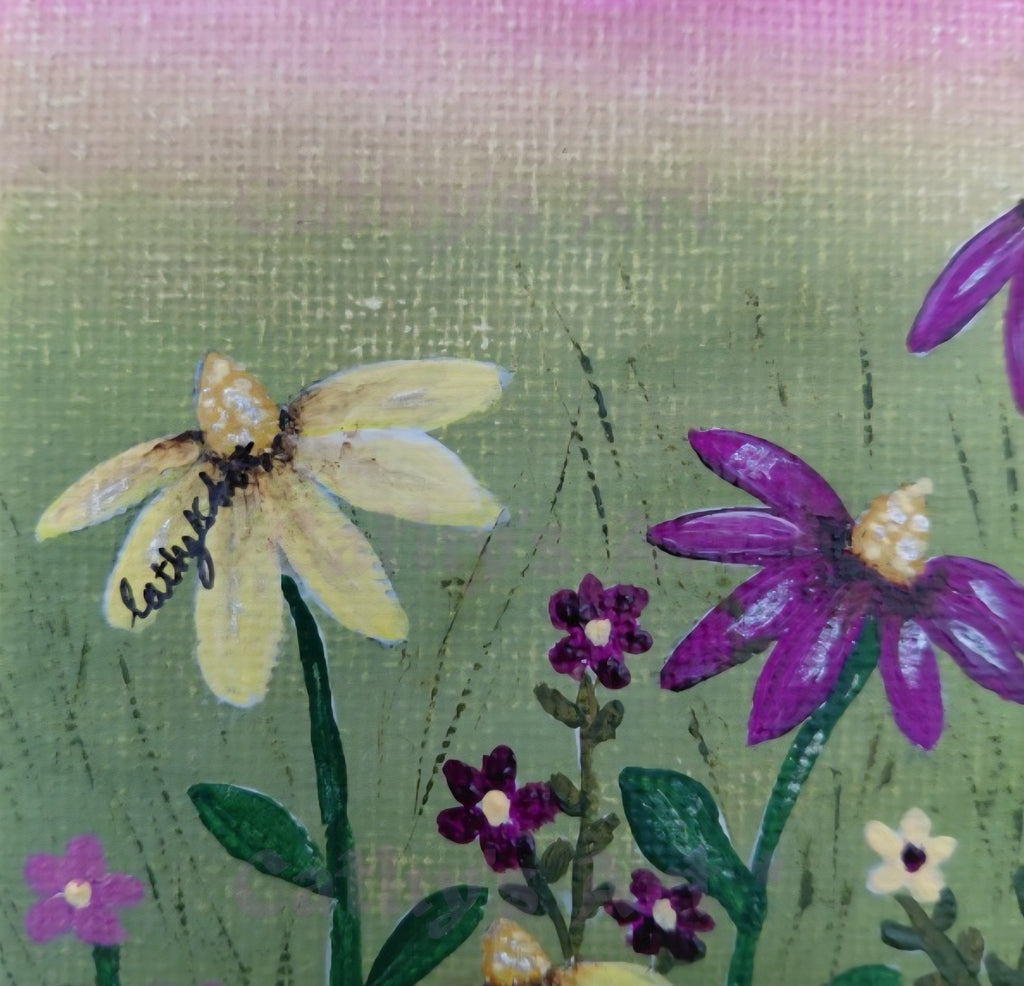 A close-up of a painted floral artwork showing yellow and violet daisy flowers with green stems on a soft violet-to-green background. Original acrylic canvas painting by Cathy's Art*