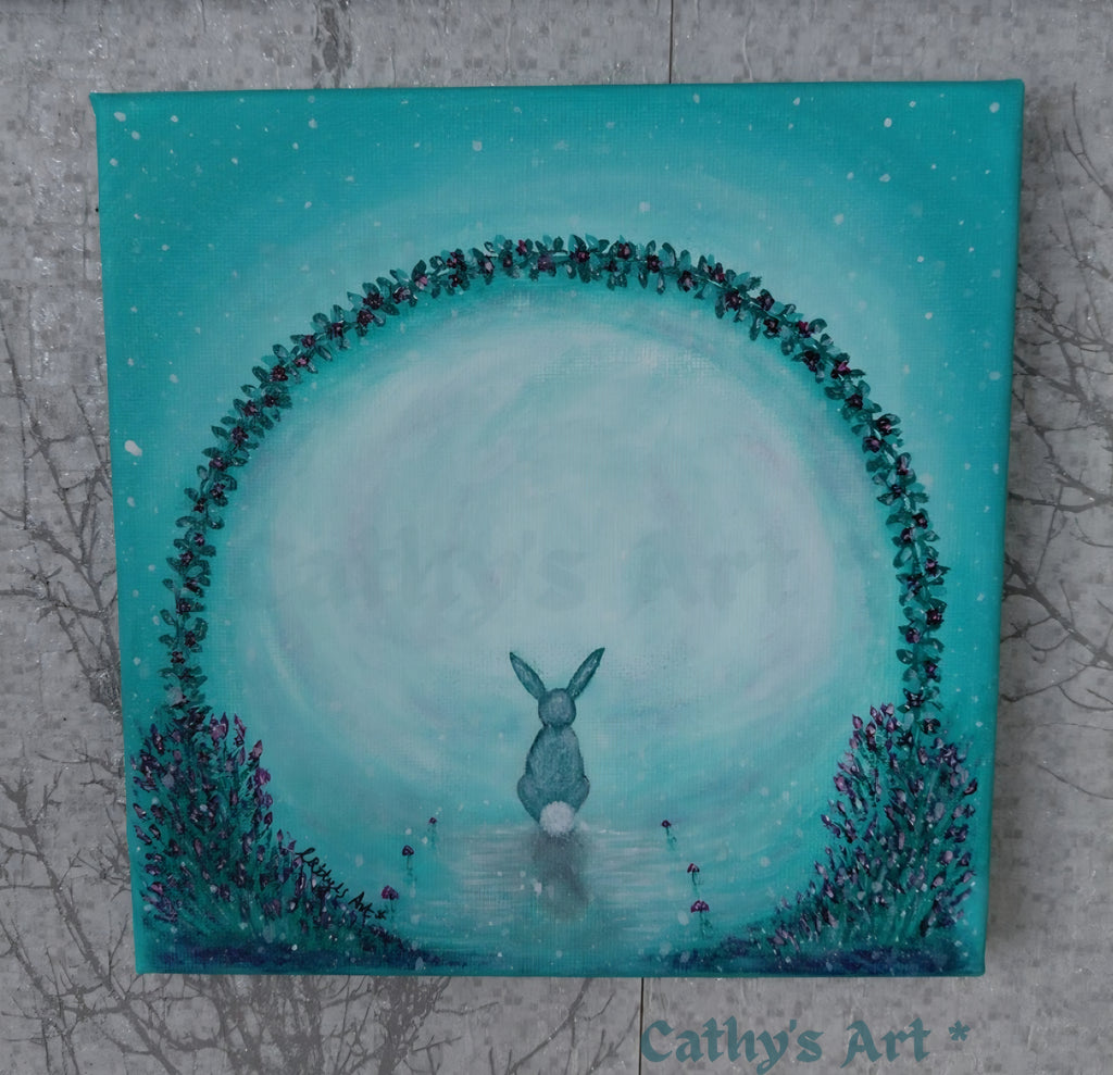 A square canvas painting featuring a whimsical magical scene in pale green, turquoise and mauve colours, a grey hare sitting looking into the wonderland that lies beyond the archway. Flowers grow either side of the arch and around it. Tiny mushrooms line the pathway. On a grey patterned wall. Original acrylic canvas painting by Cathy's Art*