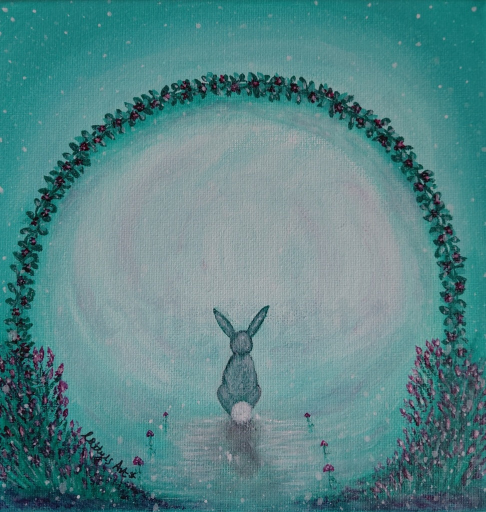 A square canvas painting featuring a whimsical magical scene in pale green, turquoise and mauve colours, a grey hare sitting looking into the wonderland that lies beyond the archway. Flowers grow either side of the arch and around it. Tiny mushrooms line the pathway.  Original acrylic canvas painting by Cathy's Art*