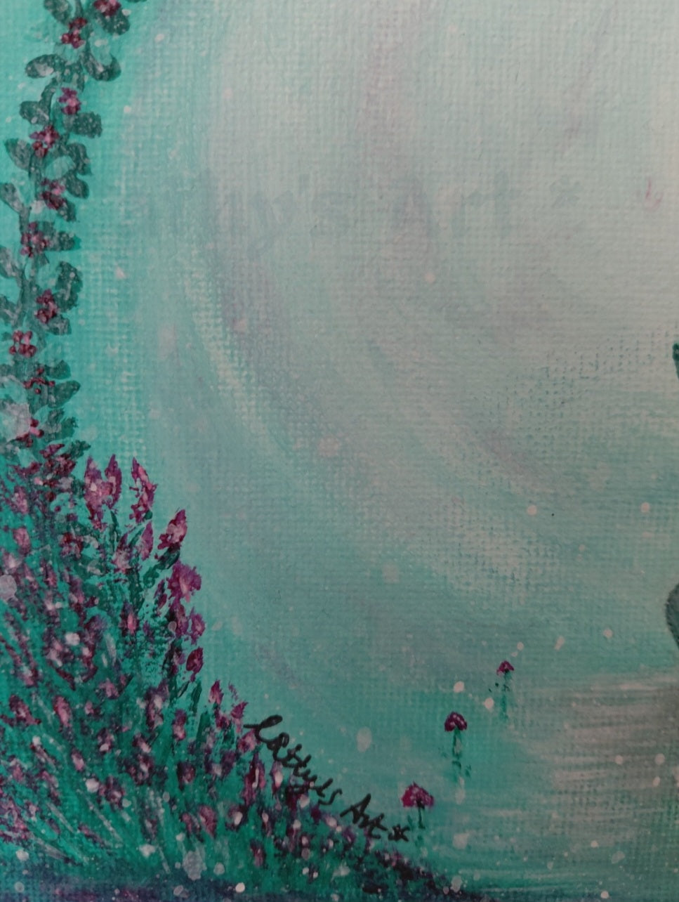 A close up of a whimsical painting, Pale green, turquoise and white background. Pink and mauve flowers grow and tiny mushrooms. Original acrylic canvas painting by Cathy's Art*