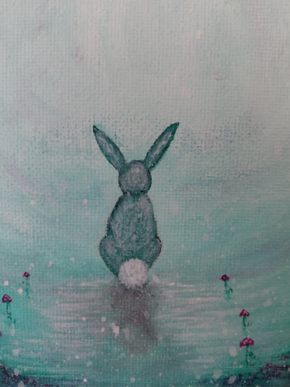 A hare sits looking into a whimsical land in pale green, turquoise and white. Tiny mauve mushrooms grow. Original acrylic canvas painting by Cathy's Art*