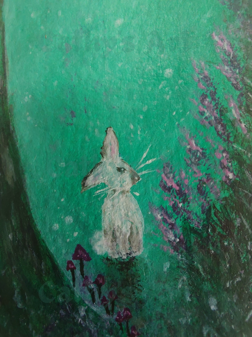 A close-up hand painted nature scene featuring a white rabbit, pink flowers and mauve coloured mushrooms. Original acrylic hand painted bookmark by Cathy's Art*