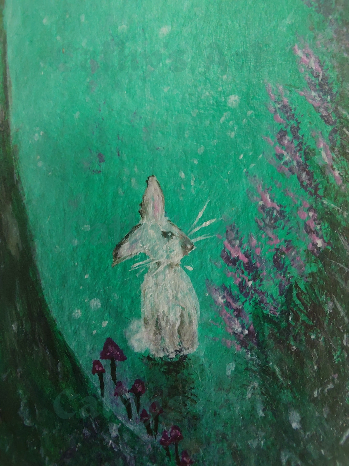A close-up hand painted nature scene featuring a white rabbit, pink flowers and mauve coloured mushrooms. Original acrylic hand painted bookmark by Cathy's Art*