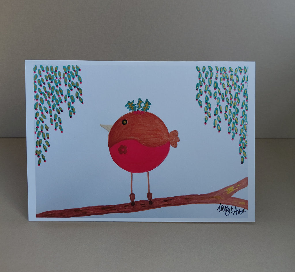 A festive printed artwork Christmas card featuring a round robin stood on a branch with a flower on its belly, holly on its head and leafy foliage hangs down either side of the robin, this has red berries on. Original artwork & printed by Cathy's Art*