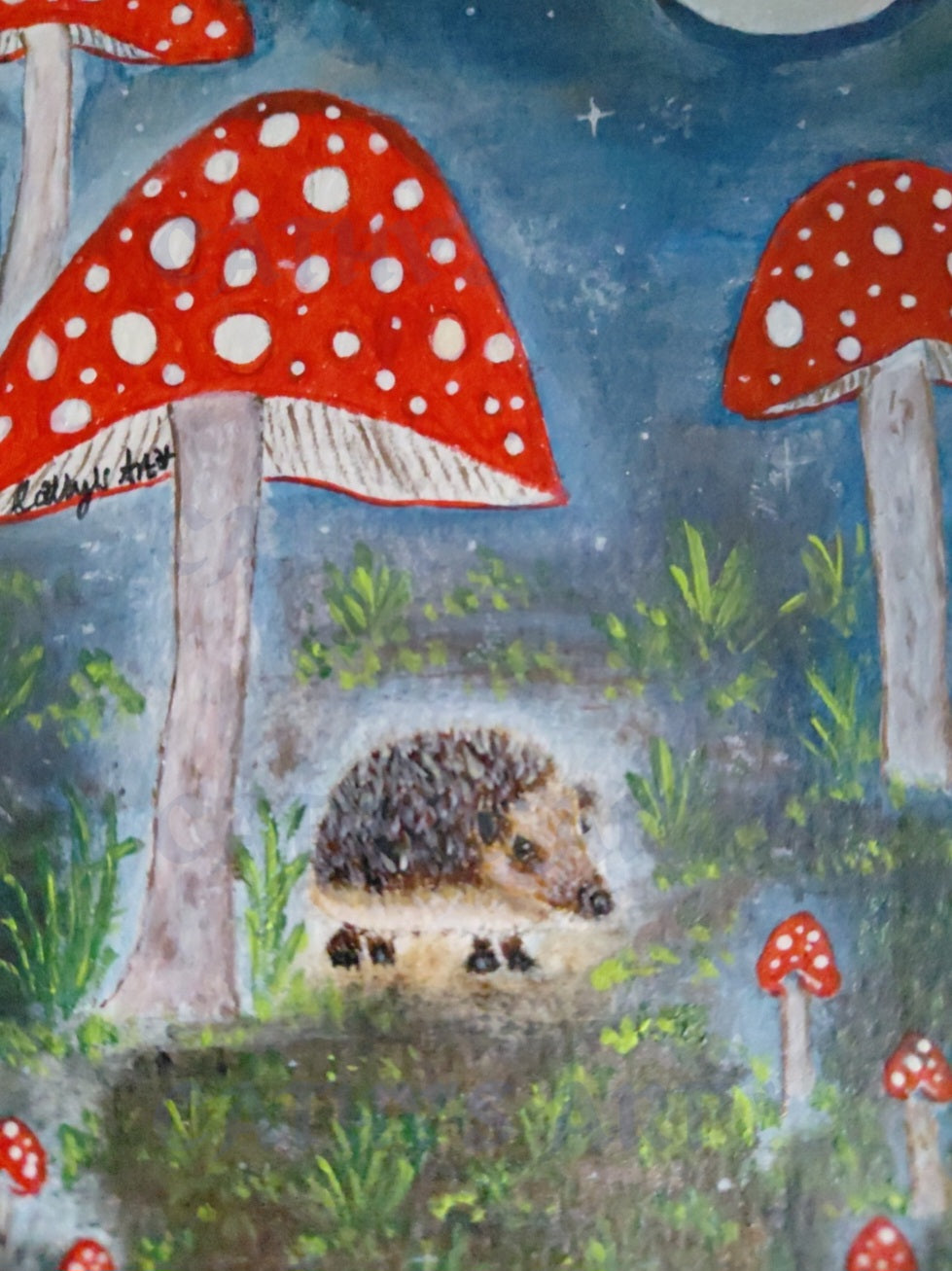 Close up of Spike, the hedgehog amongst the giant red and white spotty mushrooms. Original acrylic painting on watercolour paper by Cathy's Art