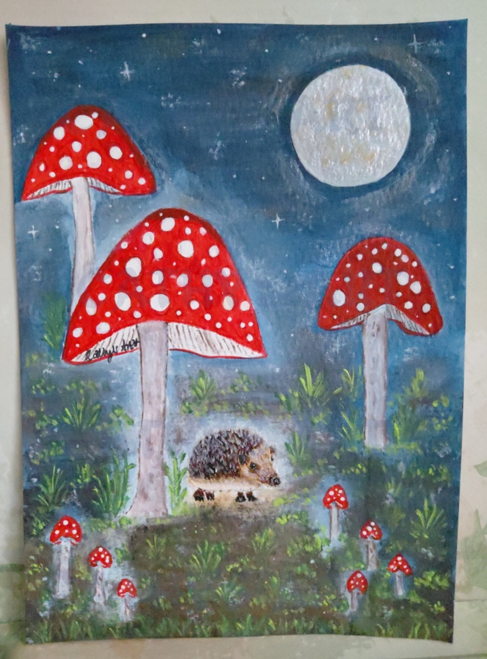 A moonlight scene with a starry night sky, a hedgehog walking among giant red mushroom toadstools. On a light coloured background. An original acrylic painting on watercolour paper by Cathy's Art*