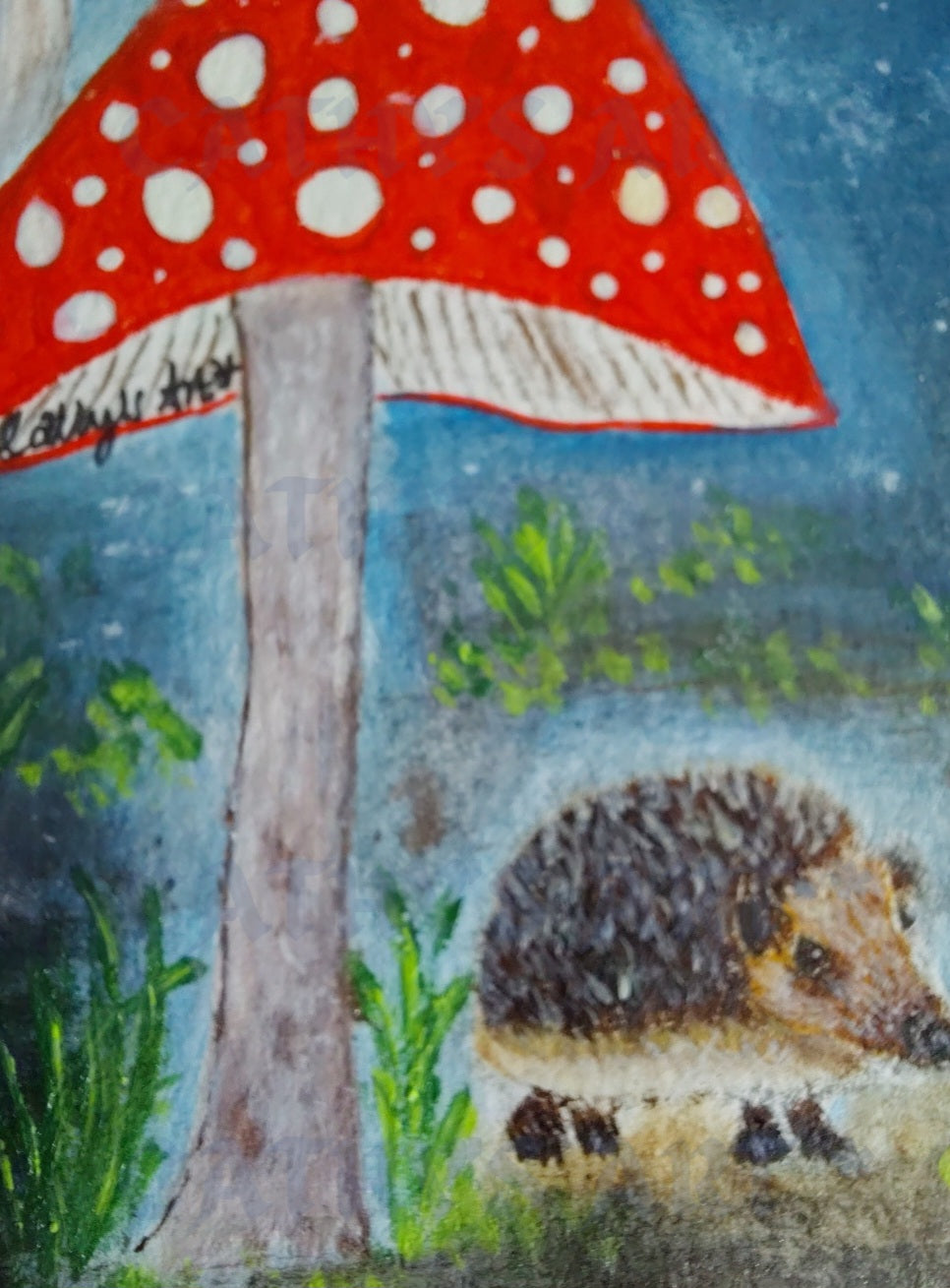 A close up of a hand painted hedgehog on a blue background with grass and a giant red mushroom with white spots. Original acrylic painting on watercolour paper by Cathy's Art*