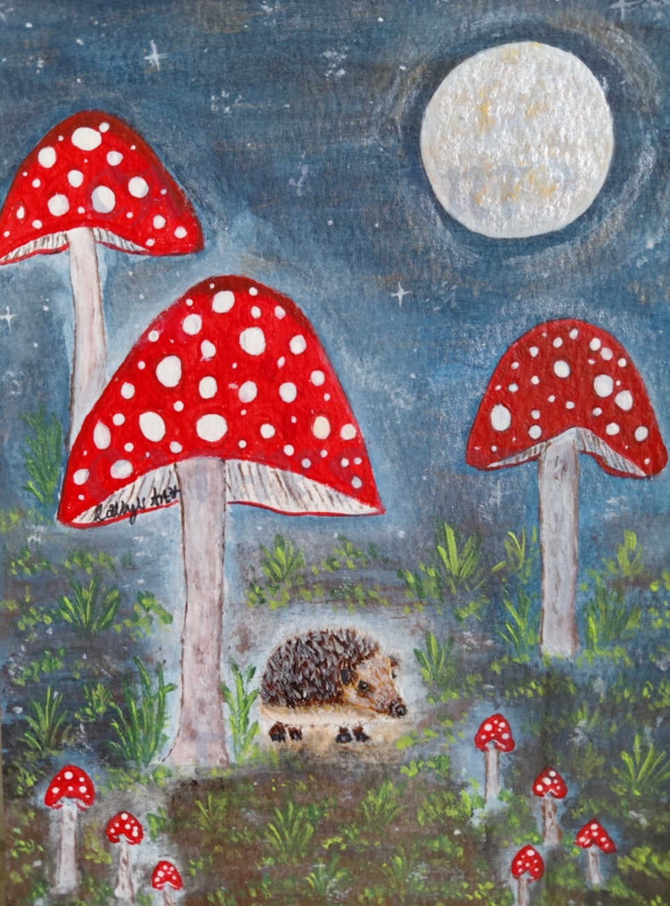 A moonlight scene with a starry night sky, a hedgehog walking among giant red mushroom toadstools. An original acrylic painting on watercolour paper by Cathy's Art*