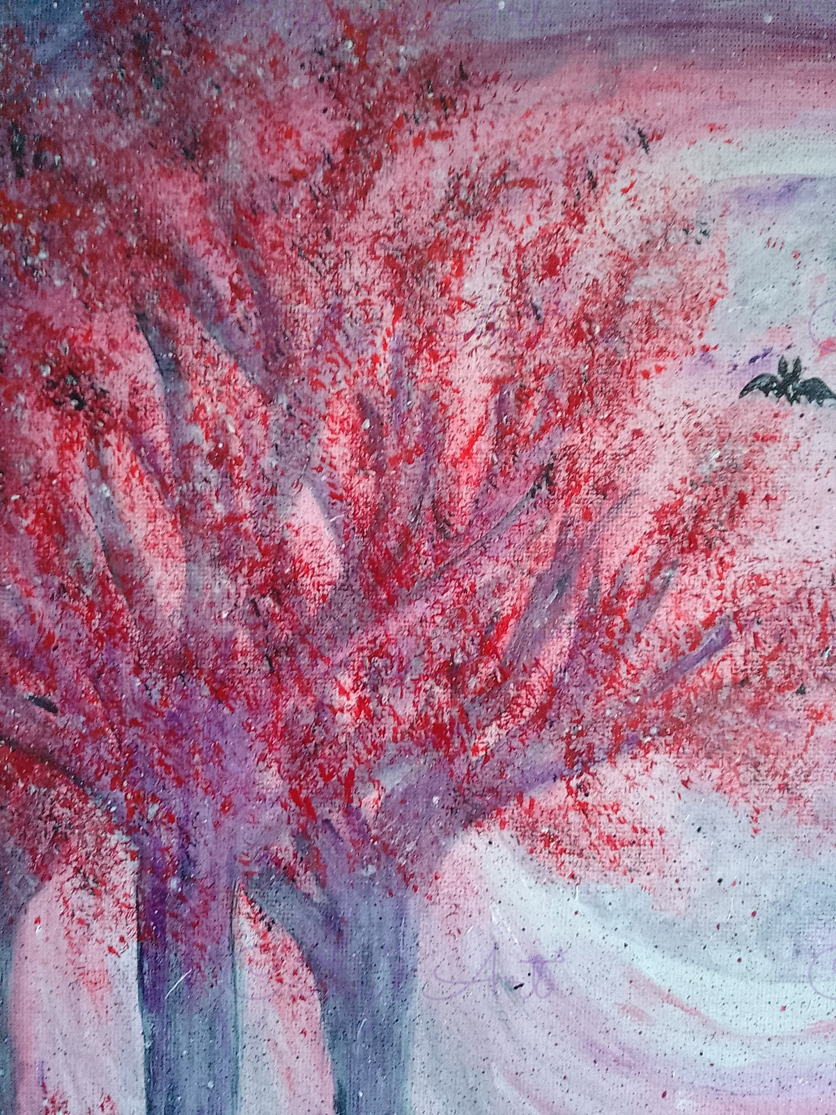 A close up of the red foliage on the purple tree and a black bat. Original canvas painting by Cathy's Art*
