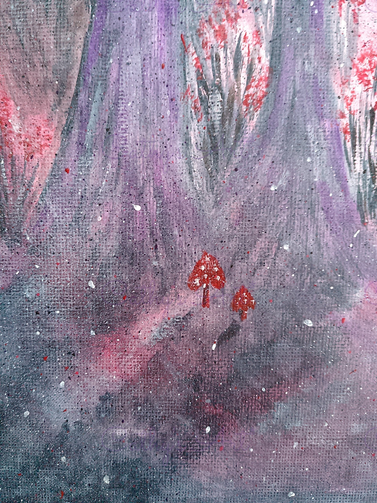 Close up of the two purple tree trunks, red flowers and two red toadstools on the purple whimsical forest floor. Original canvas painting by Cathy's Art*