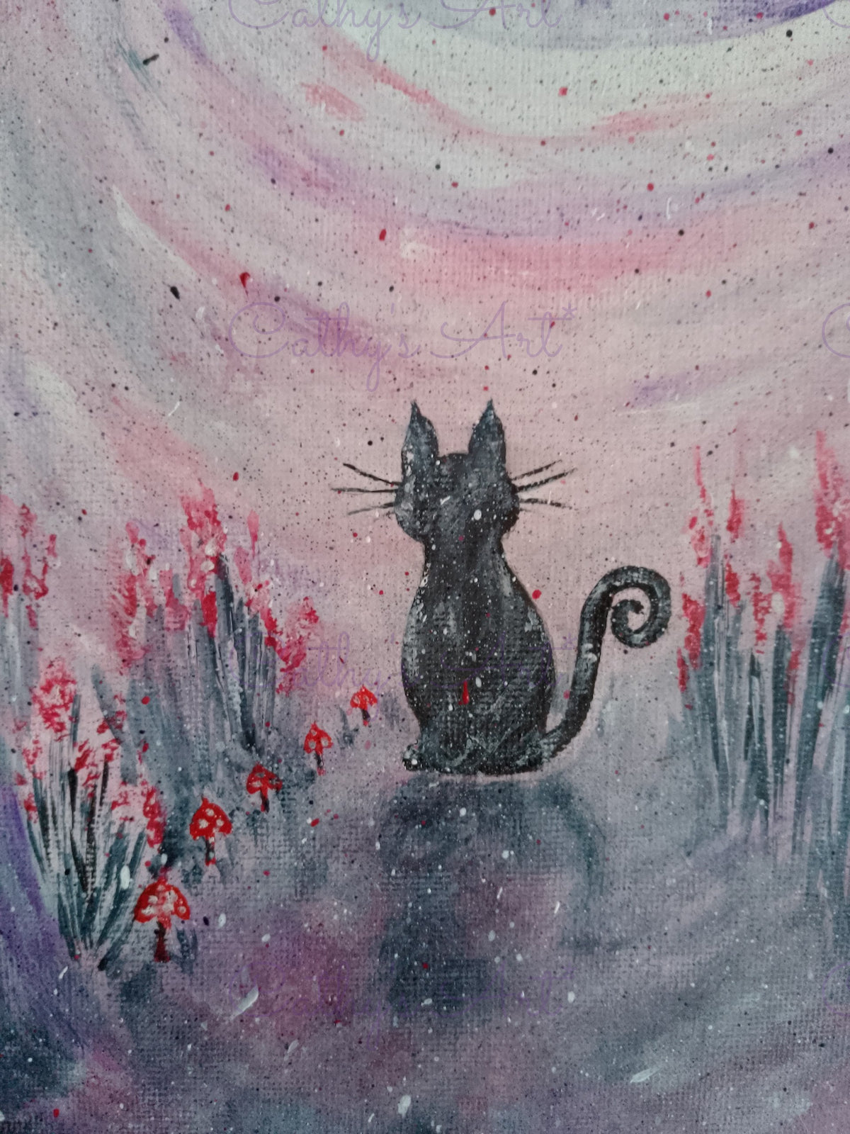 Close up of a black cat sat on a pathway with its shadow, red  either side and red toadstools to the right. in Colours of purples, black, white , pink and red. Original canvas painting by Cathy's Art*