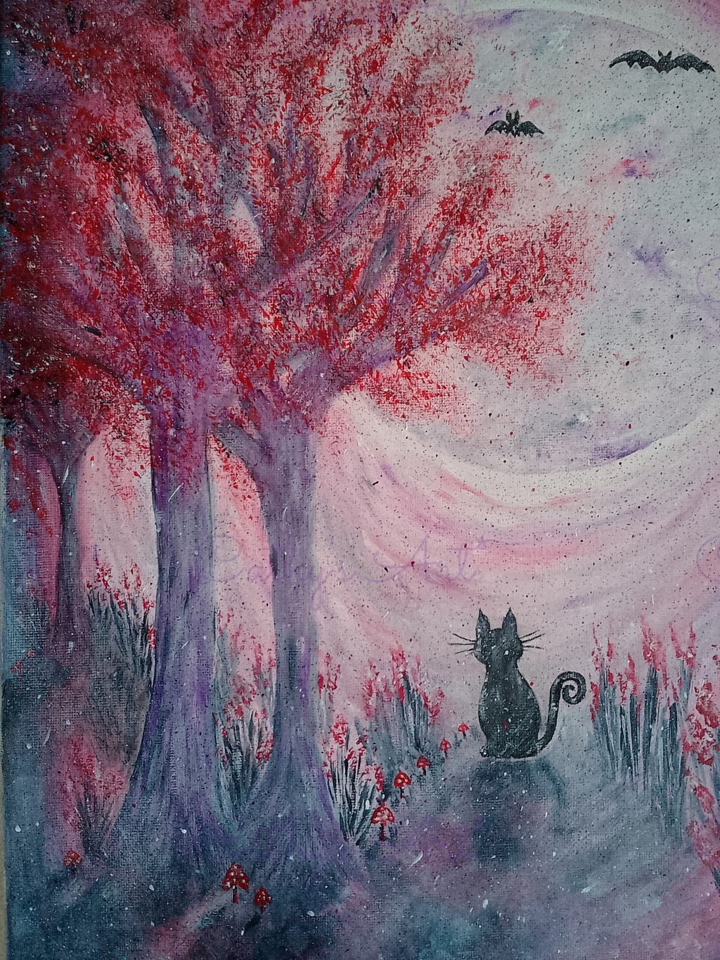 A whimsical fantasy painting of a black cat sitting under a large tree with vibrant red foliage, set in a misty purple and pink landscape with bats flying in the sky. Original canvas painting by Cathy's Art*